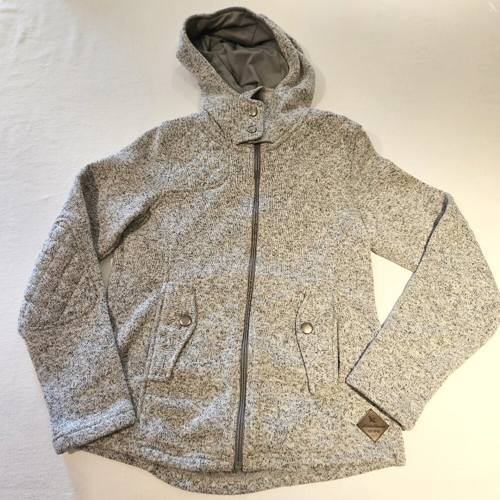EDDIE BAUER ELBOW PATCHES HOODIE FLEECE SWEATER JACKET HEATHERED GREY SZ XS